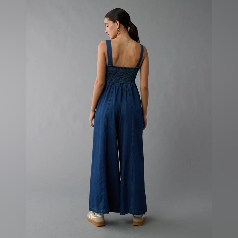 America Eagle Smocked Wide Leg Women's Denim Jumpsuit -Size XXS - Picture 2 of 7